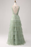 Robe de Soirée verte plissée à plusieurs niveaux avec fente