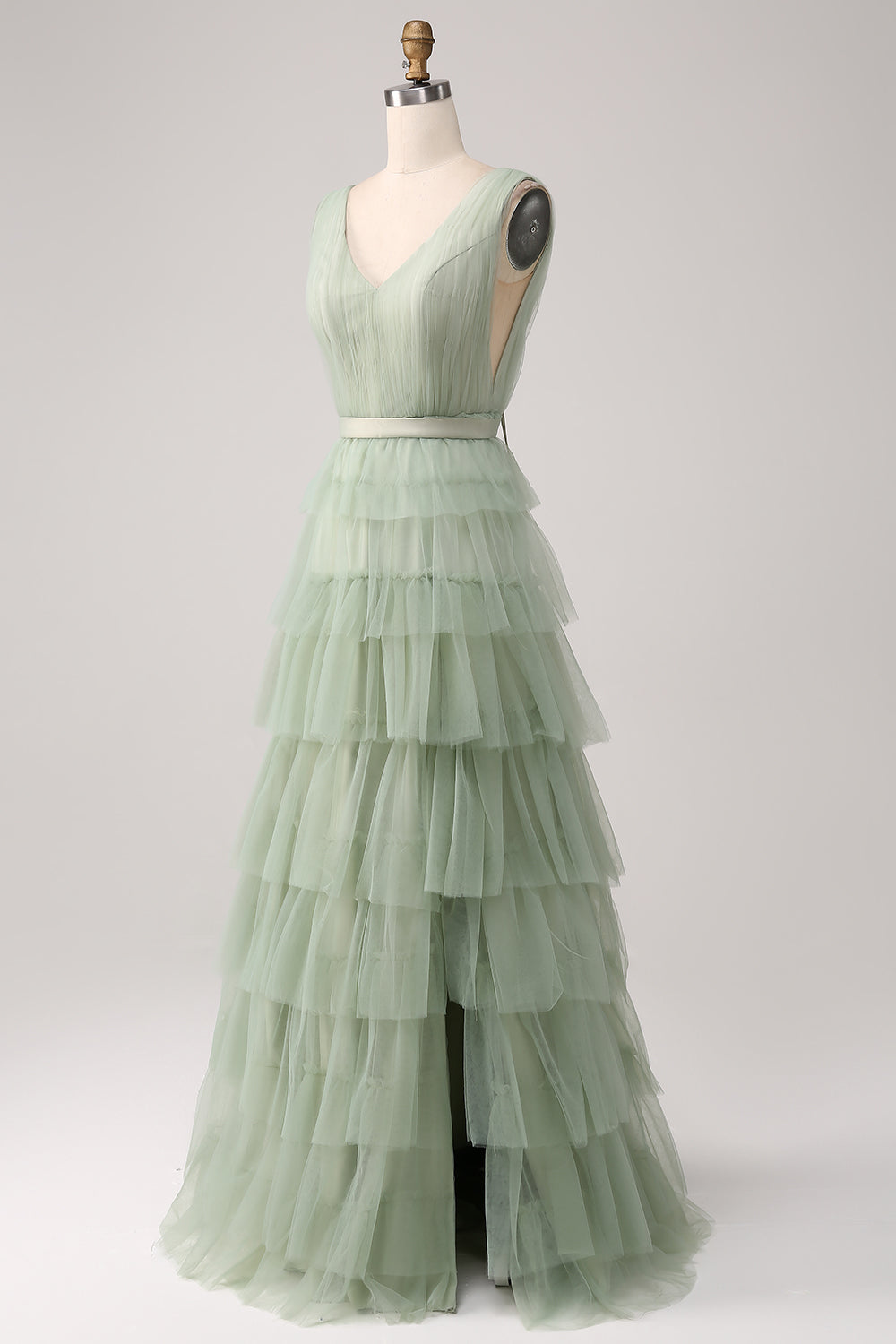 Robe de Soirée verte plissée à plusieurs niveaux avec fente