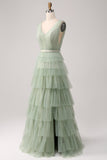 Robe de Soirée verte plissée à plusieurs niveaux avec fente