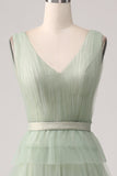 Robe de Soirée verte plissée à plusieurs niveaux avec fente