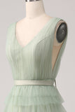 Robe de Soirée verte plissée à plusieurs niveaux avec fente