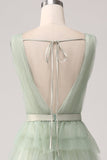 Robe de Soirée verte plissée à plusieurs niveaux avec fente