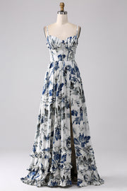 Robe de bal longue corset imprimée bleue plissée avec fente