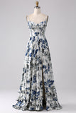 Robe de bal longue corset imprimée bleue plissée avec fente