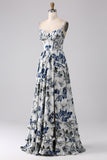 Robe de bal longue corset imprimée bleue plissée avec fente