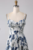Robe de bal longue corset imprimée bleue plissée avec fente