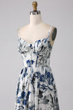 Robe de bal longue corset imprimée bleue plissée avec fente