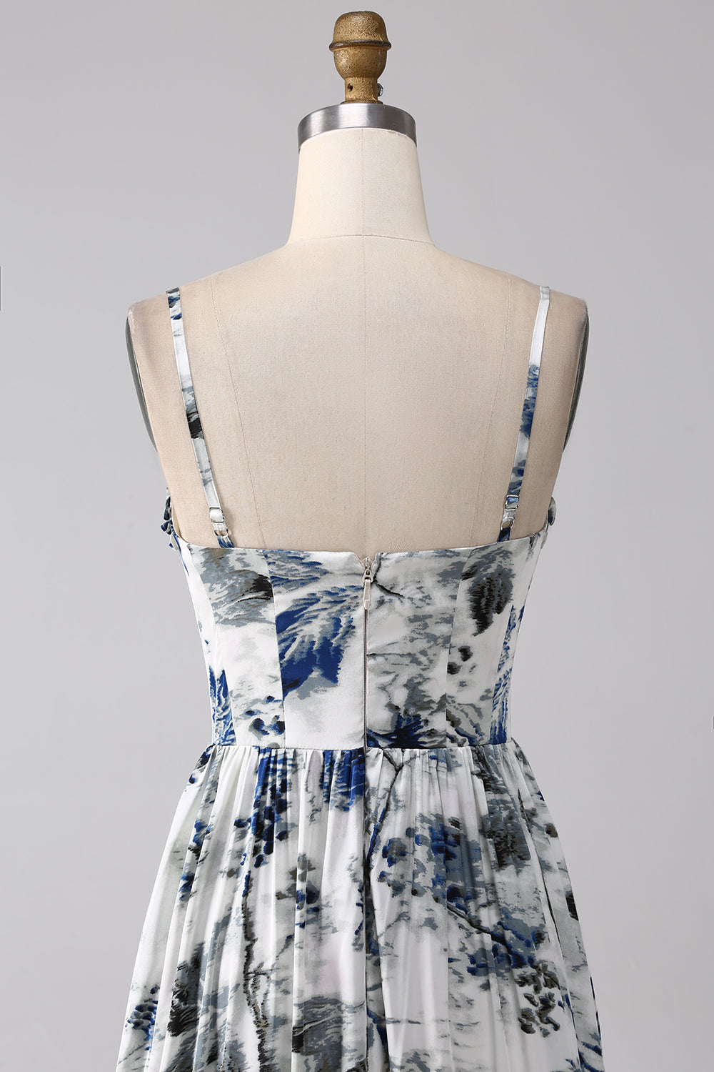 Robe de bal longue corset imprimée bleue plissée avec fente