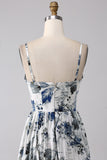 Robe de bal longue corset imprimée bleue plissée avec fente