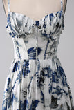 Robe de bal longue corset imprimée bleue plissée avec fente