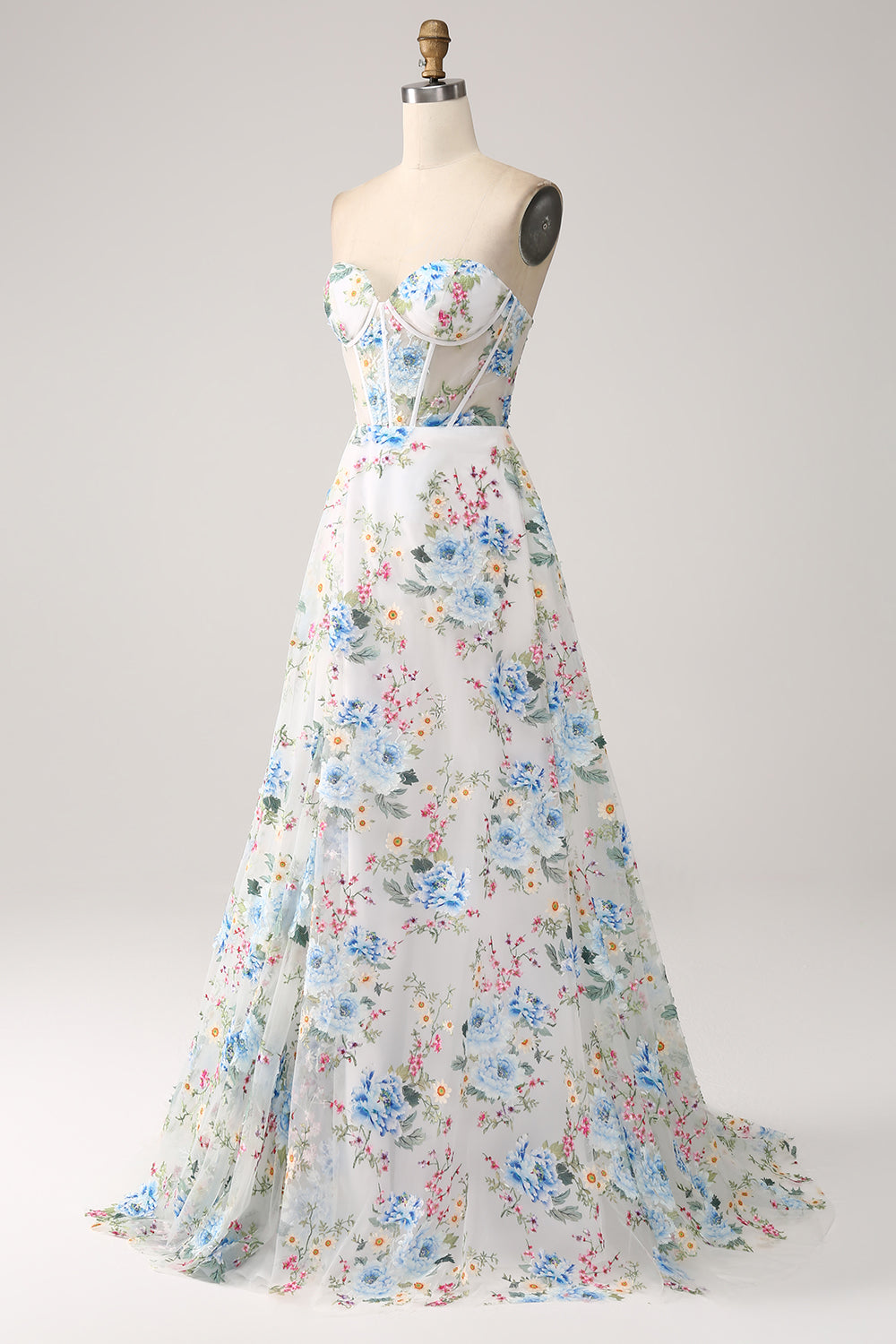 Ivoire fleur A-ligne bustier long Corset robe de bal