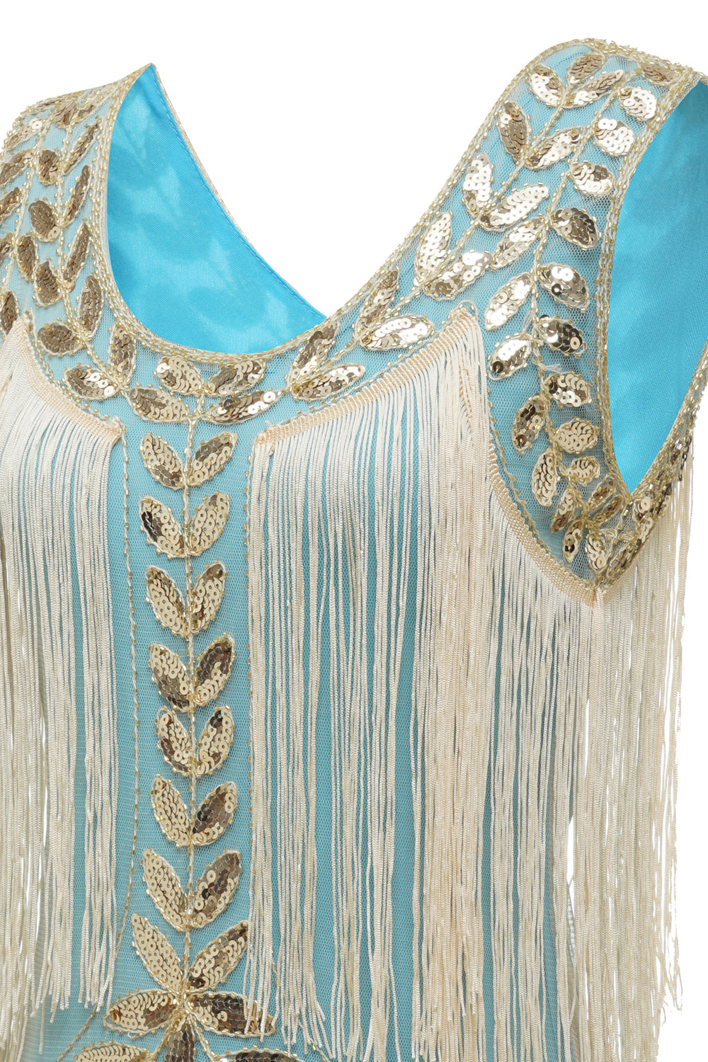 Abricot bleu Gatsby Robe des années 20 avec paillettes et franges