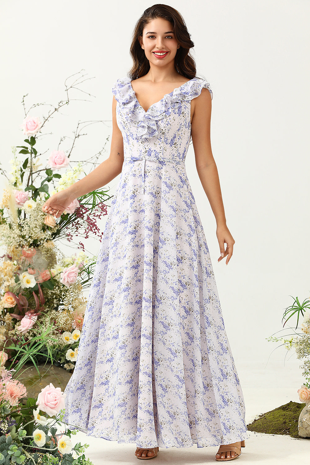 Robe de demoiselle d'honneur en mousseline de soie bohème fleur mauve blush