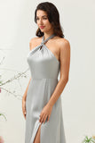 Robe de demoiselle d’honneur longue simple grise Halter avec fente