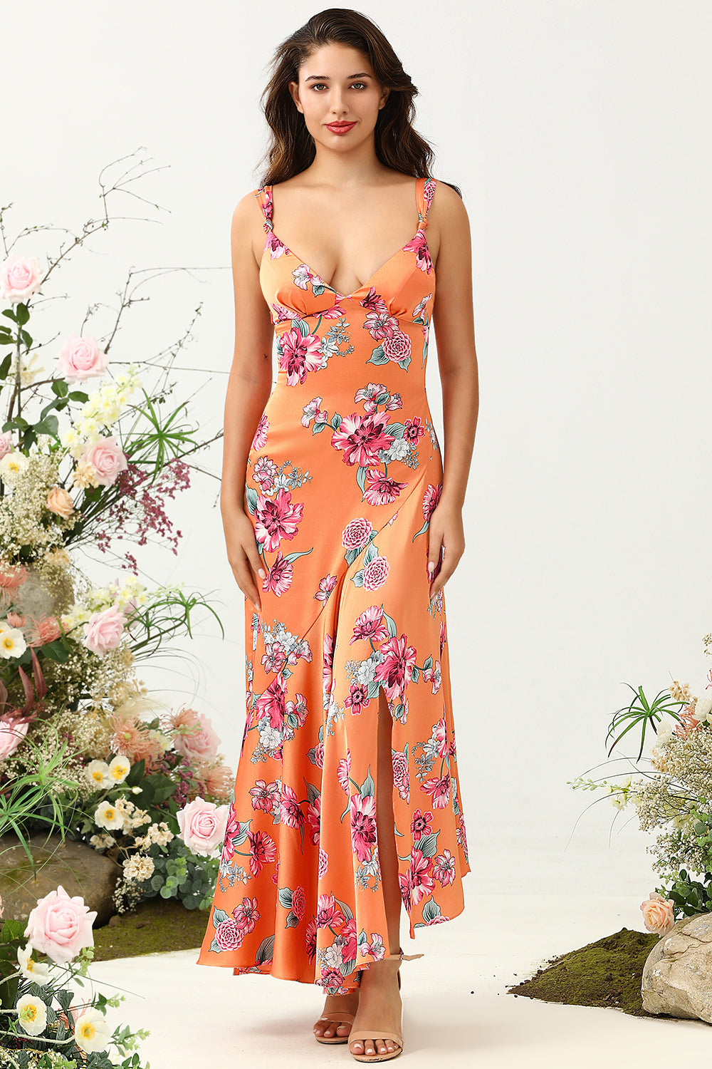 Robe de demoiselle d’honneur asymétrique asymétrique à fleurs orange