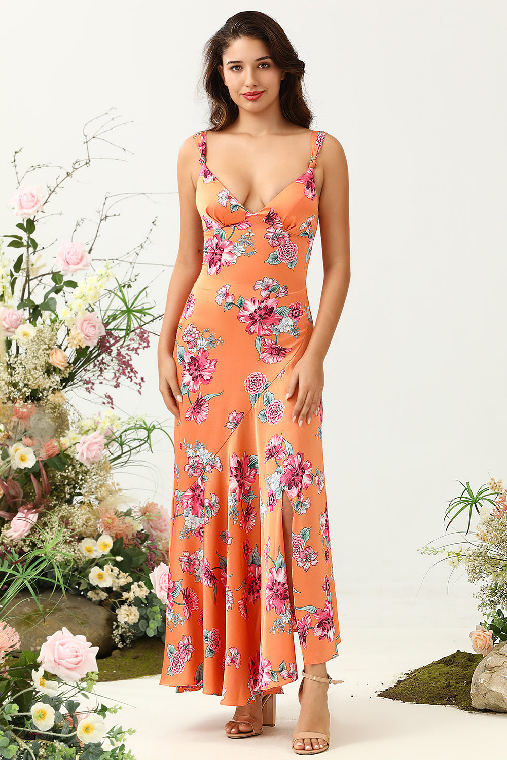 Robe de demoiselle d’honneur asymétrique asymétrique à fleurs orange