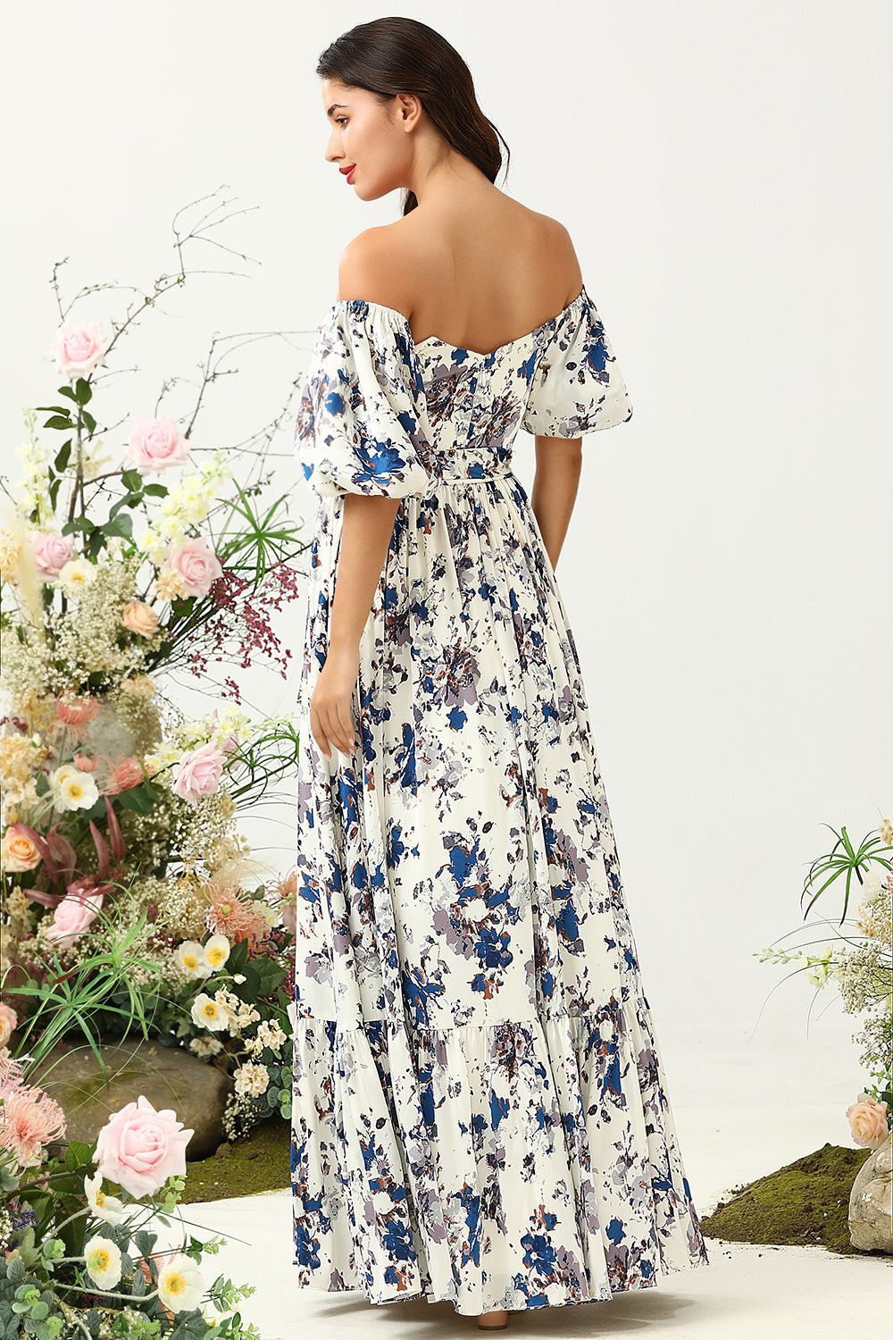 Robe de demoiselle d’honneur Boho à fleur bleue blanche