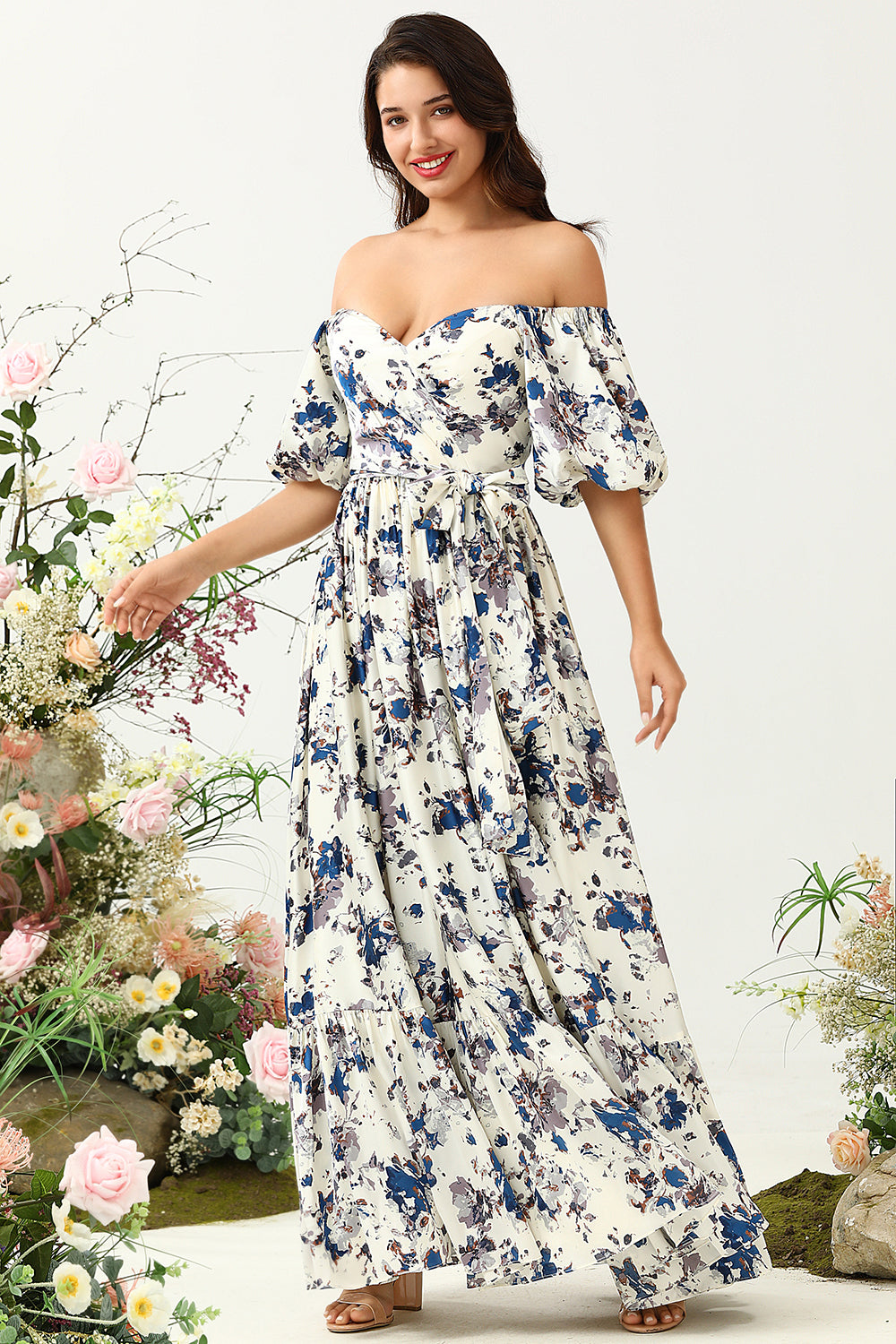 Robe de demoiselle d’honneur Boho à fleur bleue blanche