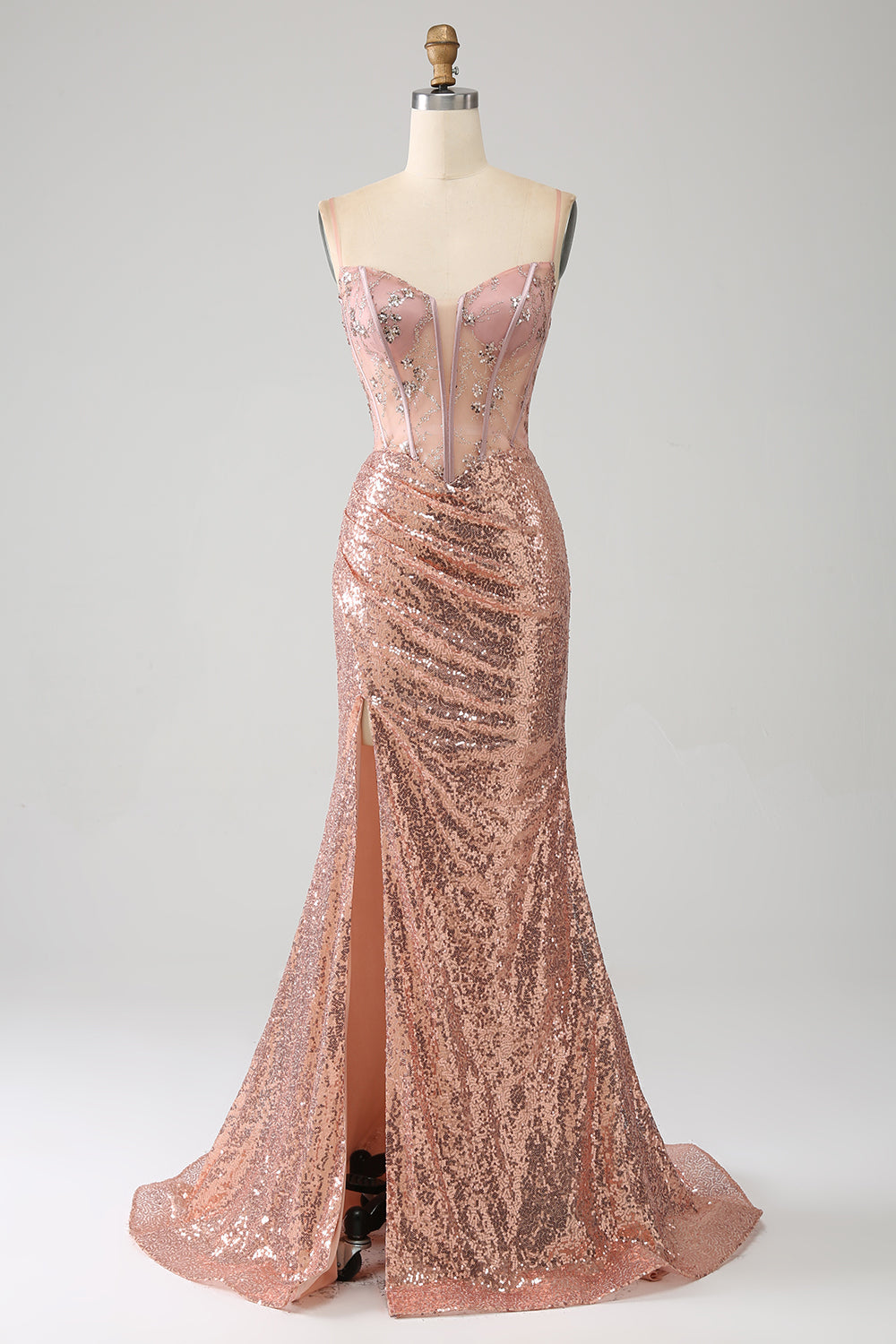 Sirène Rose Gold Perched Sequin Corset Robe De Soirée avec Fente Latérale