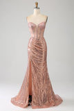 Sirène Rose Gold Perched Sequin Corset Robe De Soirée avec Fente Latérale