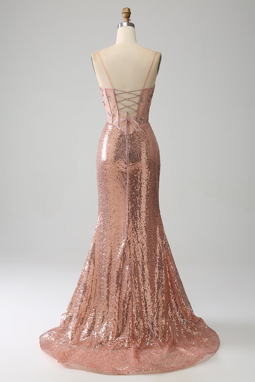 Sirène Rose Gold Perched Sequin Corset Robe De Soirée avec Fente Latérale