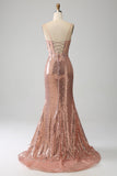 Sirène Rose Gold Perched Sequin Corset Robe De Soirée avec Fente Latérale