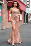 Sirène Rose Gold Perched Sequin Corset Robe De Soirée avec Fente Latérale