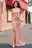 Sirène Rose Gold Perched Sequin Corset Robe De Soirée avec Fente Latérale