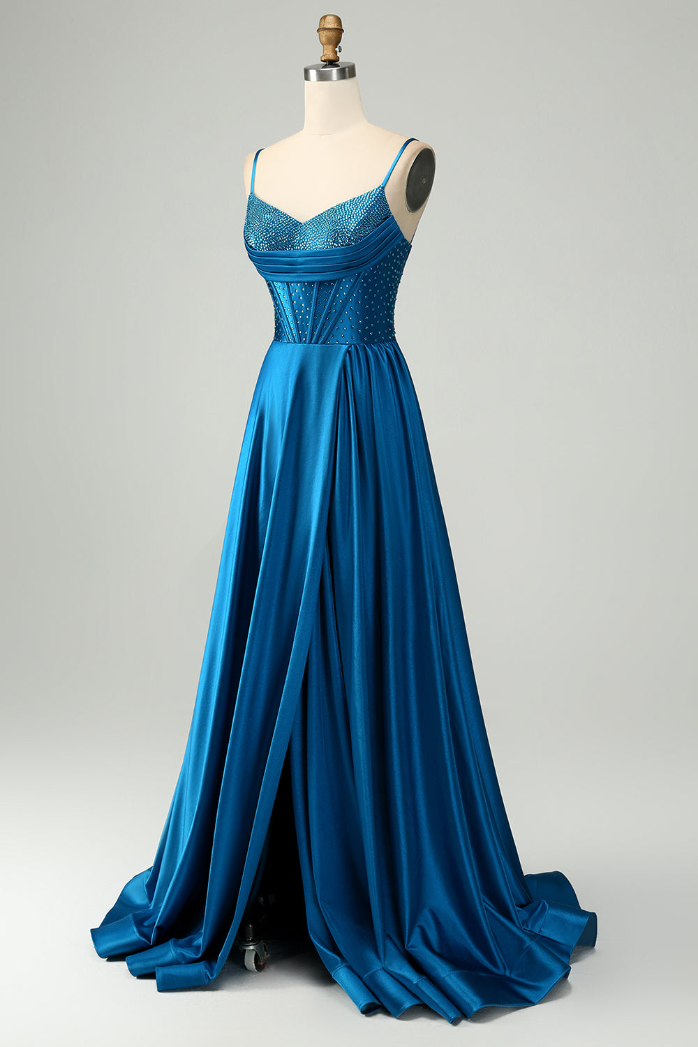 Robe de soirée longue perlée bleu foncé bleu foncé scintillante avec fente