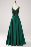 Robe de Soirée longue à bretelles spaghetti A-ligne vert foncé