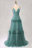 Robe de bal longue en tulle à bretelles spaghetti vert avec volants
