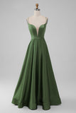 Robe de demoiselle d’honneur longue trapèze à col en V en satin vert
