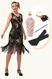 Noir à franges Sequin Flapper des années 1920 robe avec ensemble d’accessoires 5 pièces