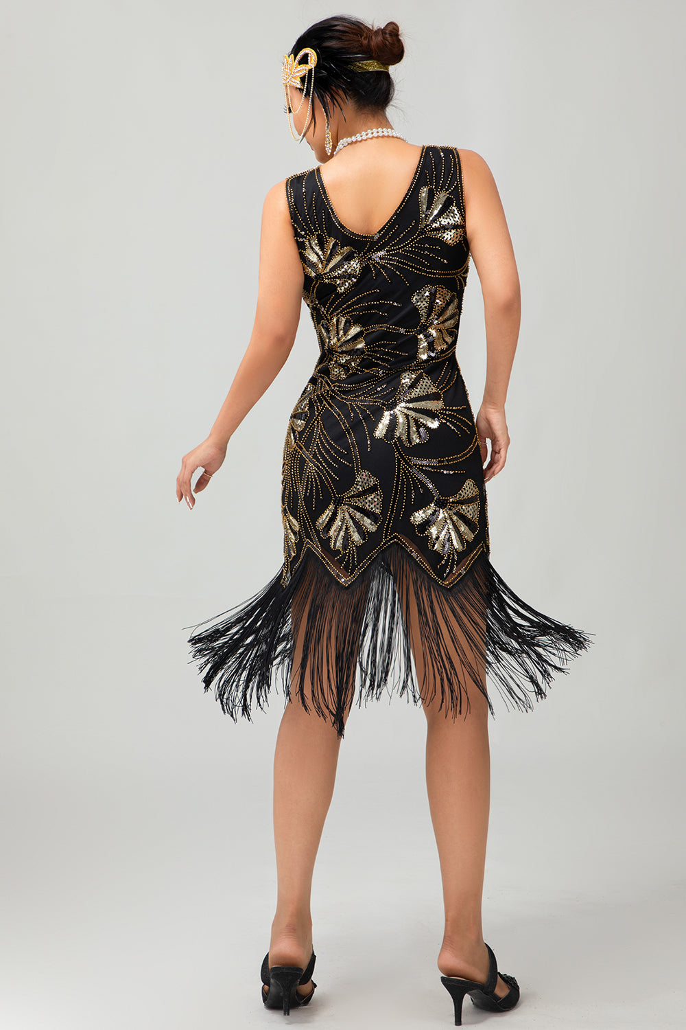 Noir à franges Sequin Flapper des années 1920 robe avec ensemble d’accessoires 5 pièces