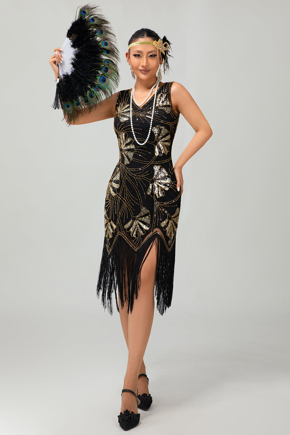 Noir à franges Sequin Flapper des années 1920 robe avec ensemble d’accessoires 5 pièces