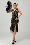 Noir à franges Sequin Flapper des années 1920 robe avec ensemble d’accessoires 5 pièces
