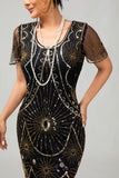 Robe noire dorée à encolure dégagée à paillettes à paillettes des années 1920 avec ensemble d’accessoires 4 pièces