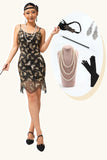 Noir Doré Spaghetti Straps Paillettes Robe des années 1920 avec Accessoires Set