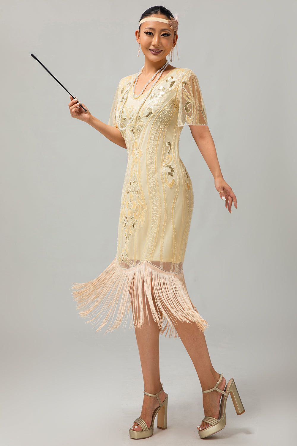 Robe à franges champagne appliques des années 1920 avec ensemble d’accessoires 5 pièces