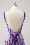 Robe de soirée Court moulante à paillettes à paillettes violet foncé scintillante