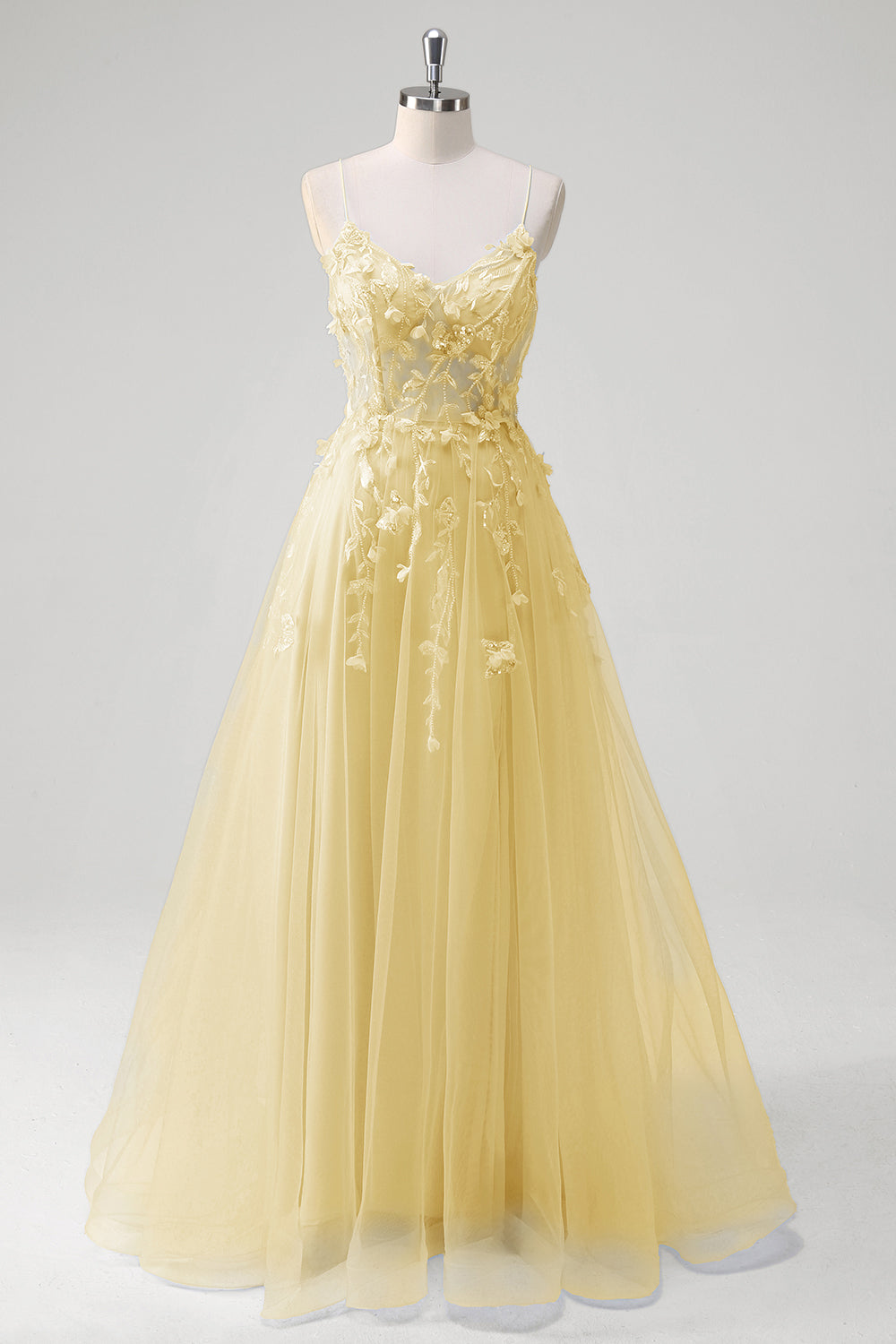 Une ligne tulle spaghetti bretelles corset applique bleu Robe De Soirée avec fente