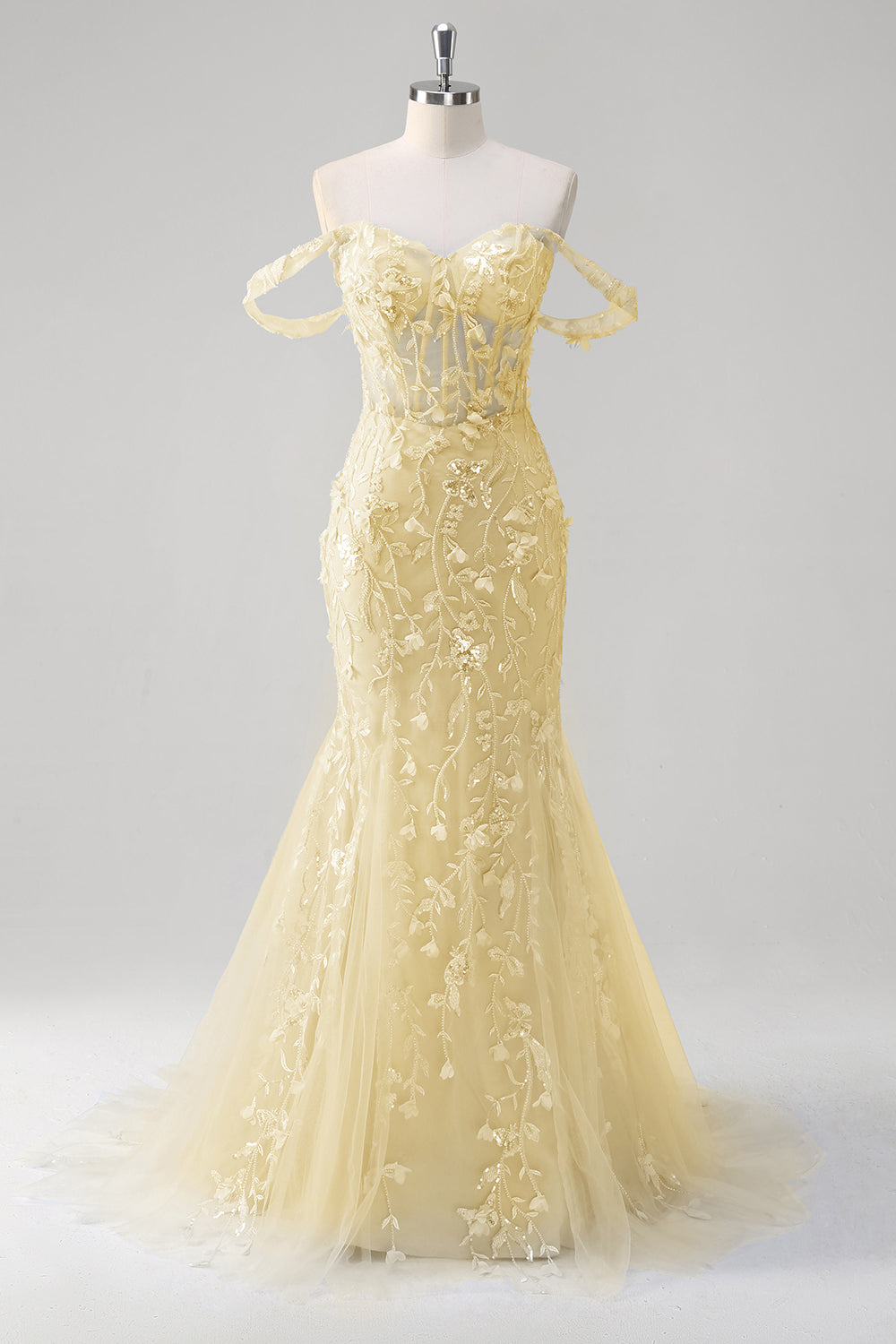 Sirène Applique Épaule Dénudée Corset Robe De Soirée Bleue
