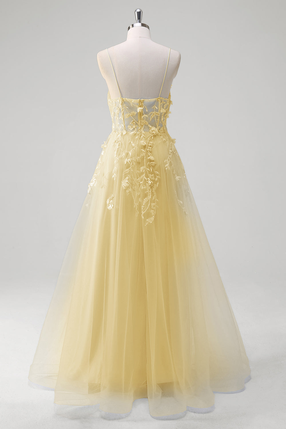 Une ligne tulle spaghetti bretelles corset applique bleu Robe De Soirée avec fente