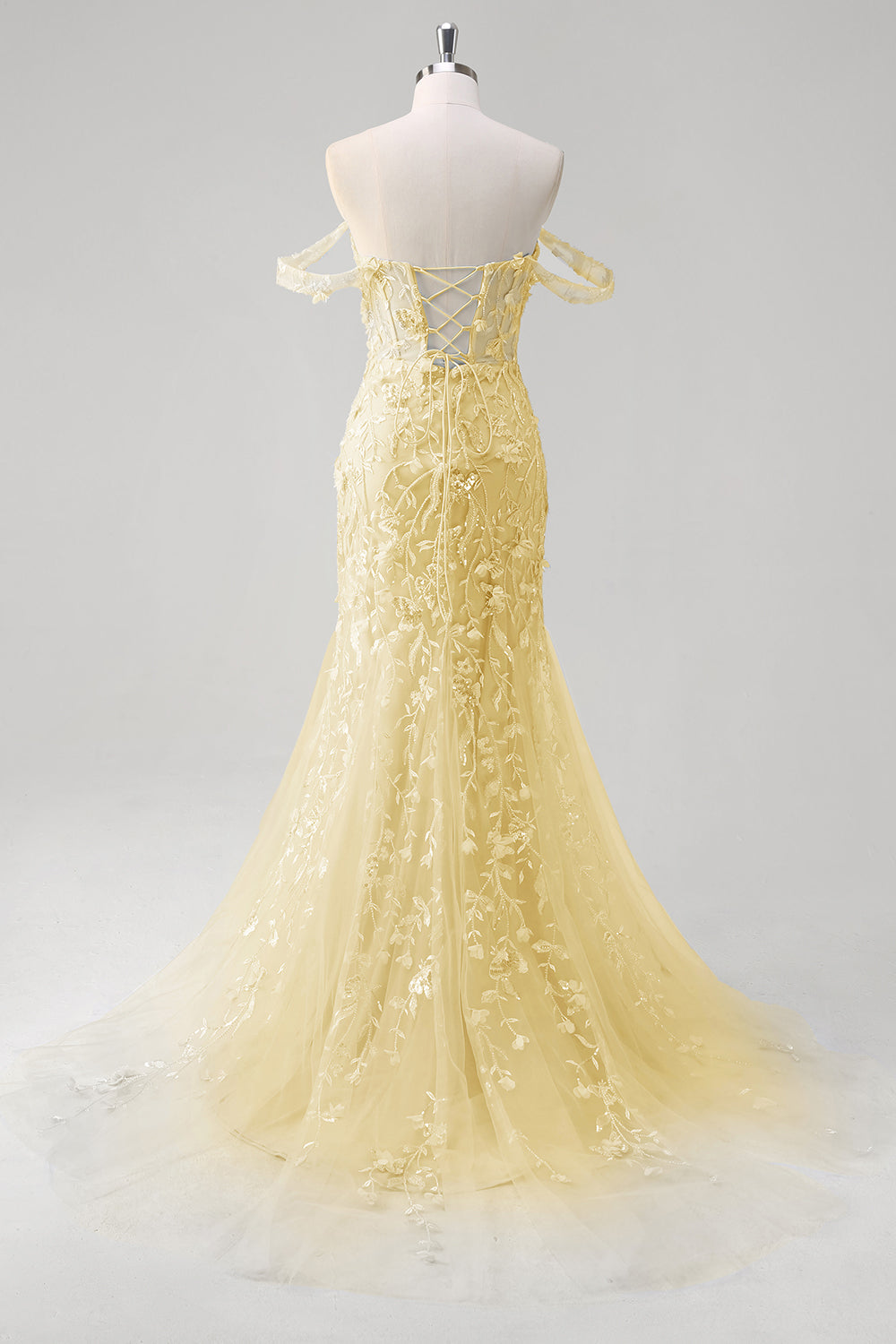 Sirène Applique Épaule Dénudée Corset Robe De Soirée Bleue