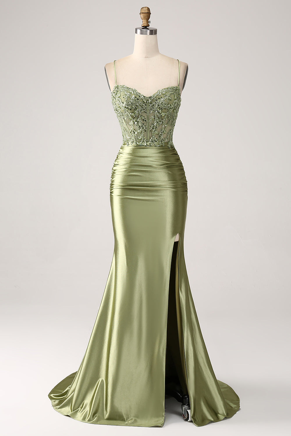 Robe de soirée fendue à bretelles spaghetti sirène sauge avec dos à lacets