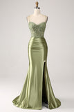 Robe de soirée sirène à bretelles spaghetti et dos lacé avec fente