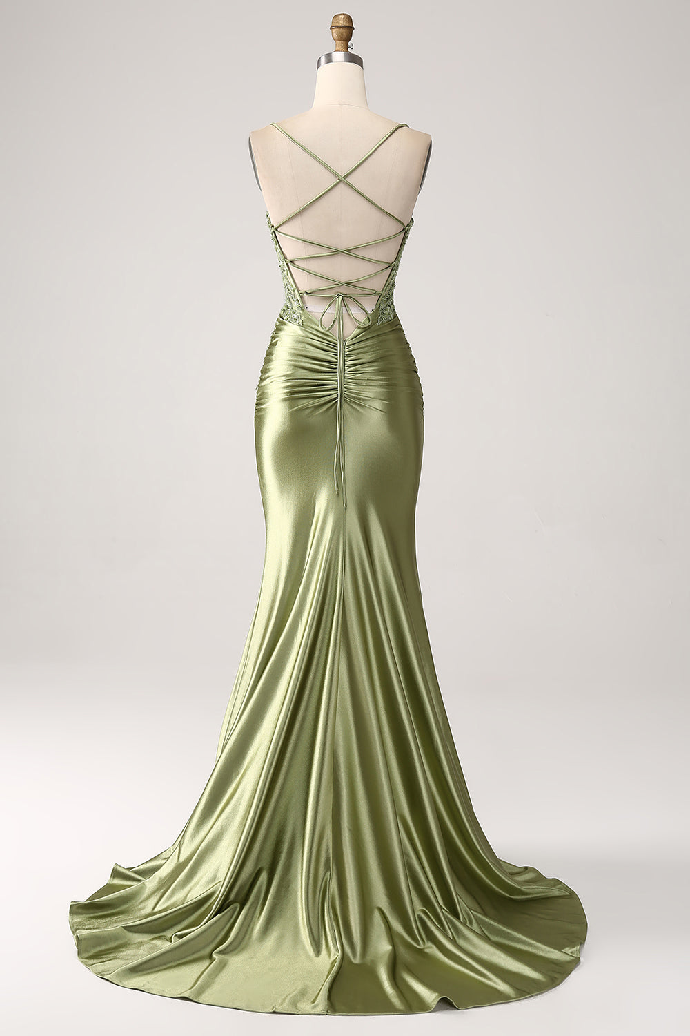 Robe de soirée fendue à bretelles spaghetti sirène sauge avec dos à lacets