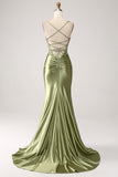 Robe de soirée fendue à bretelles spaghetti sirène sauge avec dos à lacets