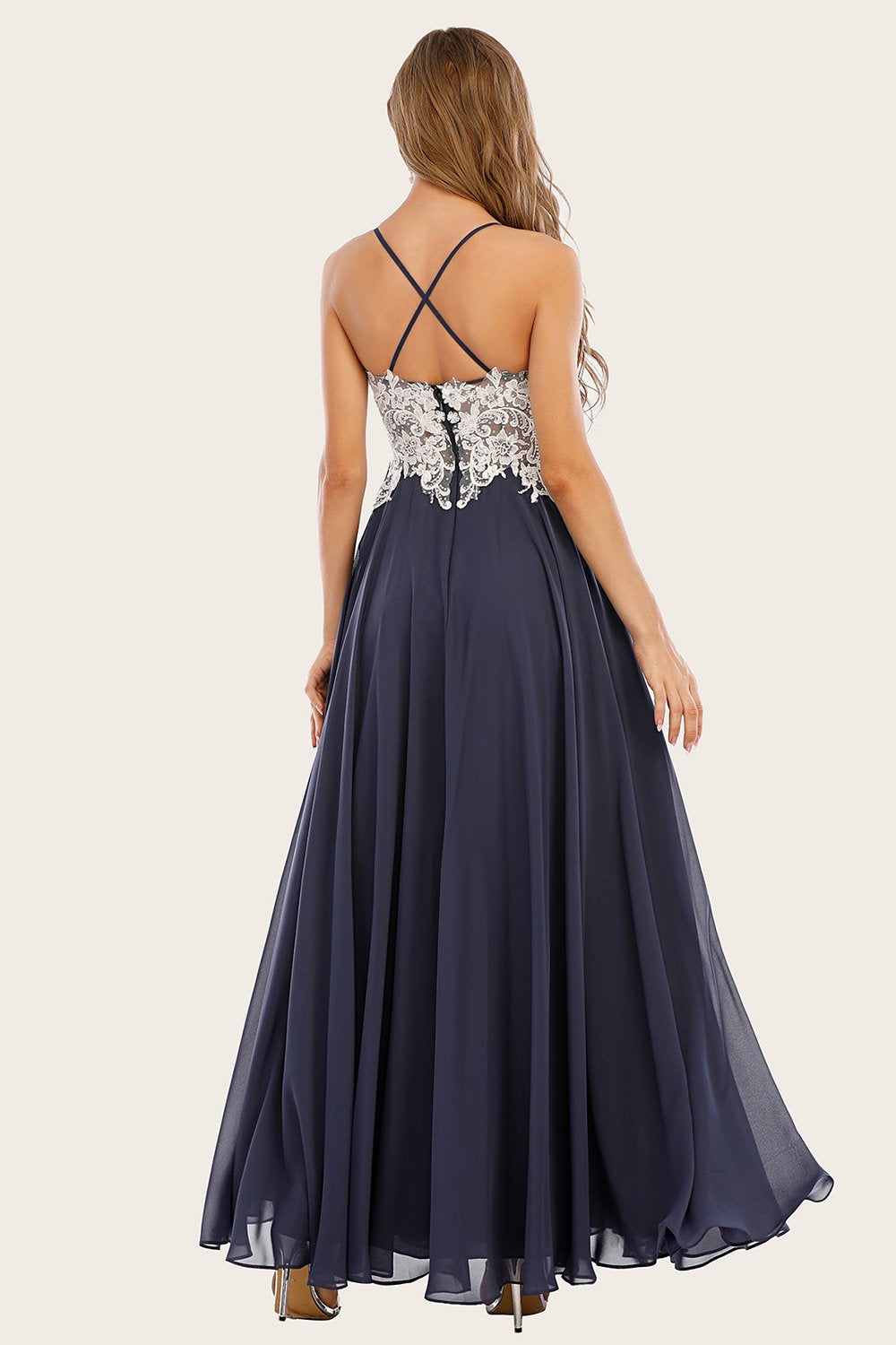 Robe dusty blue long mousseline de soie prom avec dentelle