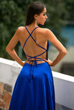 Robe A-ligne Bleu Royal Dos Nu en Satin